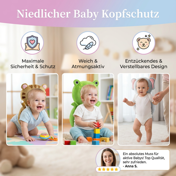 Sicherer Baby Kopfschutz aus weichem Plüsch, ideal für Kindersicherheit beim Krabbeln und Laufenlernen.