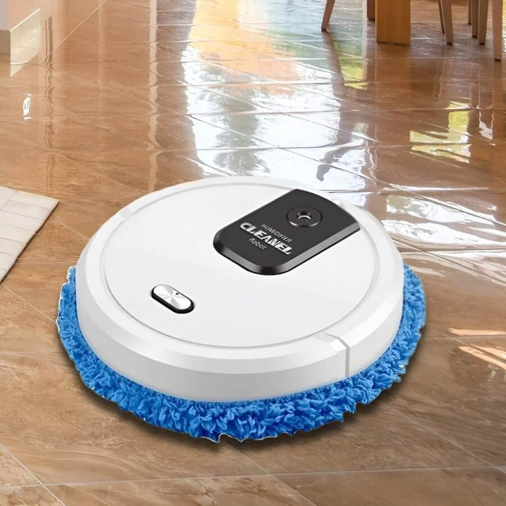 Hand steuert Roboter-Wischmopp per App auf Smartphone. Smarte Hausreinigung, bequem und automatisch.