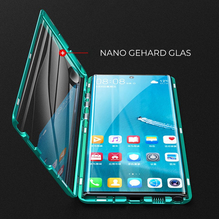 Schützt Ihr Smartphone: robuste, doppelseitige Magnet Handyhülle aus Metall mit stoßfestem gehärtetem Glas.