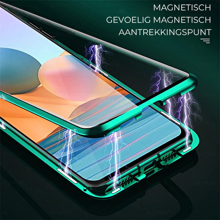 Doppelseitige Magnet Handyhülle mit gehärtetem Glas als Displayschutz und stoßfestem Rückendeckel.