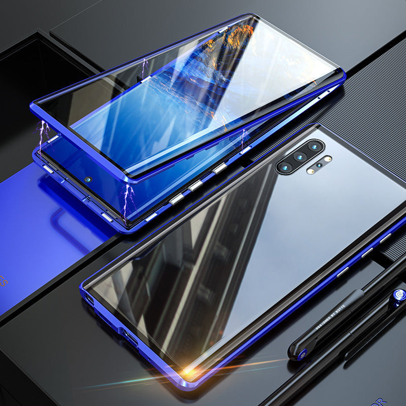 Hochwertige, doppelseitige Magnet-Schutzhülle mit gehärtetem Glas und Metall für optimalen Smartphone-Schutz.