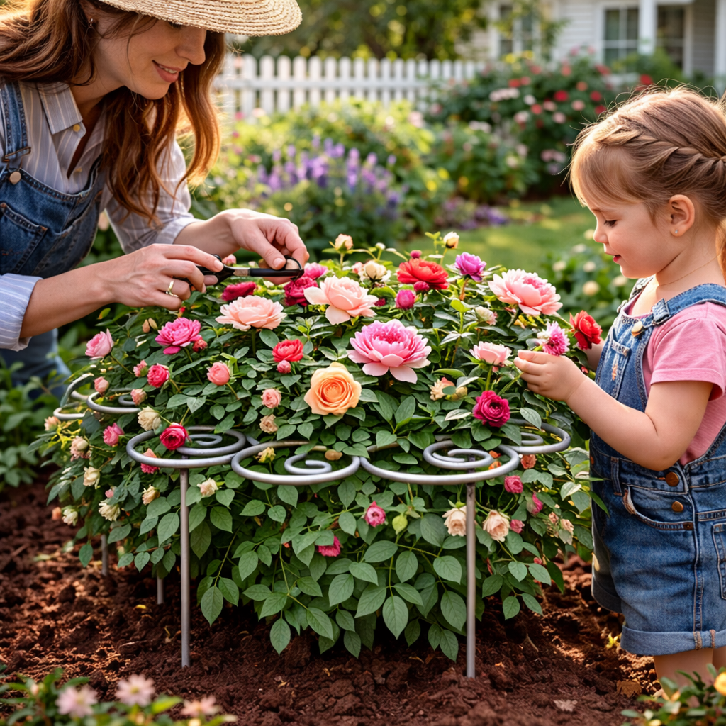 Dekorative Gartenhilfe aus Metall mit Spiralform, perfekt für Stauden und Kletterpflanzen im Beet.