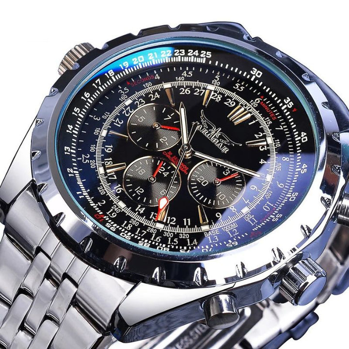 Elegante schwarze Herren Mechanik-Armbanduhr mit robustem Edelstahlgehäuse und Lederarmband.
