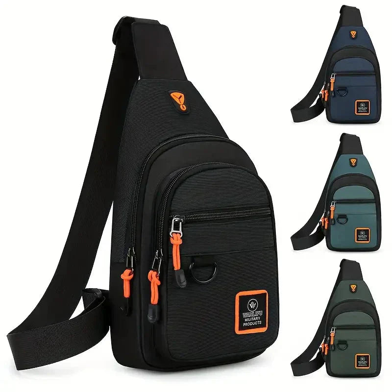 Mann mit praktischer Herren-Schultertasche beim Stadtbummel. Ideale Umhängetasche für den urbanen Alltag.