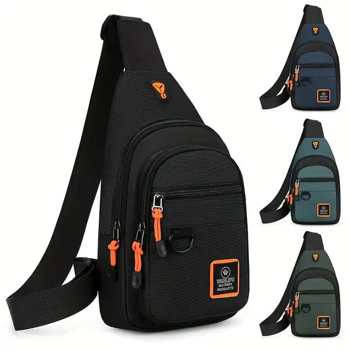 Mann mit praktischer Herren-Schultertasche beim Stadtbummel. Ideale Umhängetasche für den urbanen Alltag.