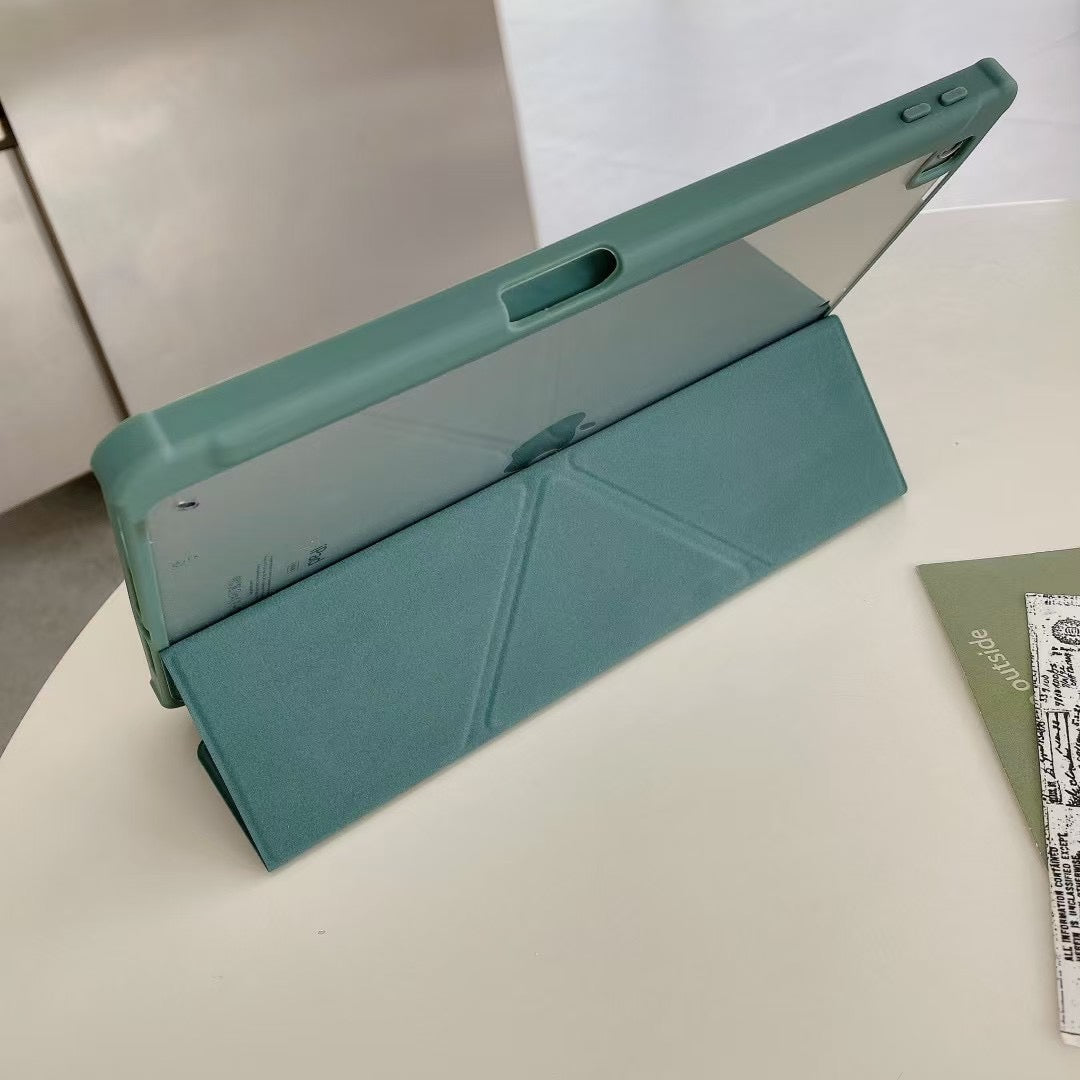 FlexFold Smart Case: iPad Silikonhülle in Pink/Dunkelgrün mit vielseitigem Origami-Ständer & stoßfestem Schutz.