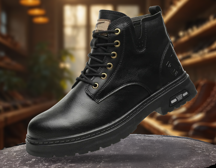Elegante schwarze Herren Business Schnürstiefel mit Reißverschluss, robuste und stilvolle Herrenschuhe.