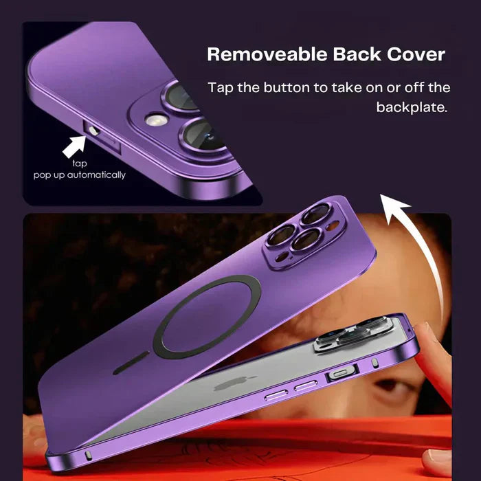 Lila Metall Schutzhülle für iPhone 15 mit MagSafe. Schlankes Design, voller Schutz.