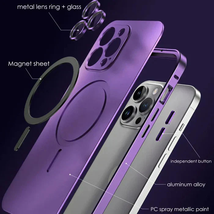 Detailansicht der silbernen Metall Handyhülle mit MagSafe für iPhone 14. Robust & elegant.