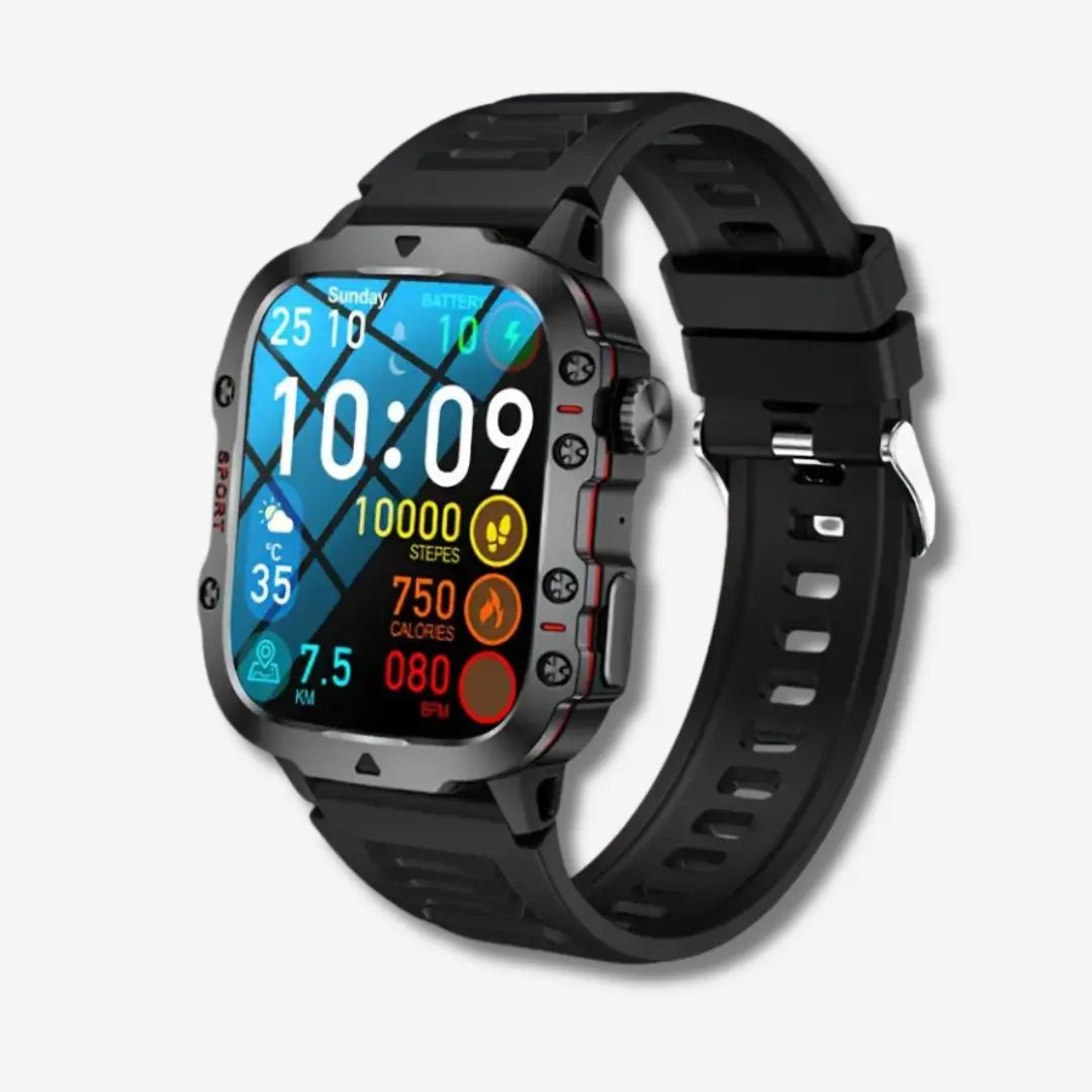 Robuste Unisex Outdoor-Smartwatch mit schwarzem Armband; wasserdicht & multifunktional für Sport & Abenteuer.