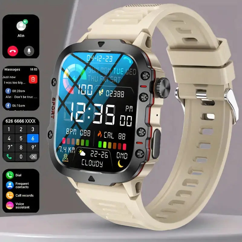 Detailaufnahme der robusten Outdoor-Smartwatch; langlebige, wasserdichte Digitaluhr für Sport & alle Abenteuer.