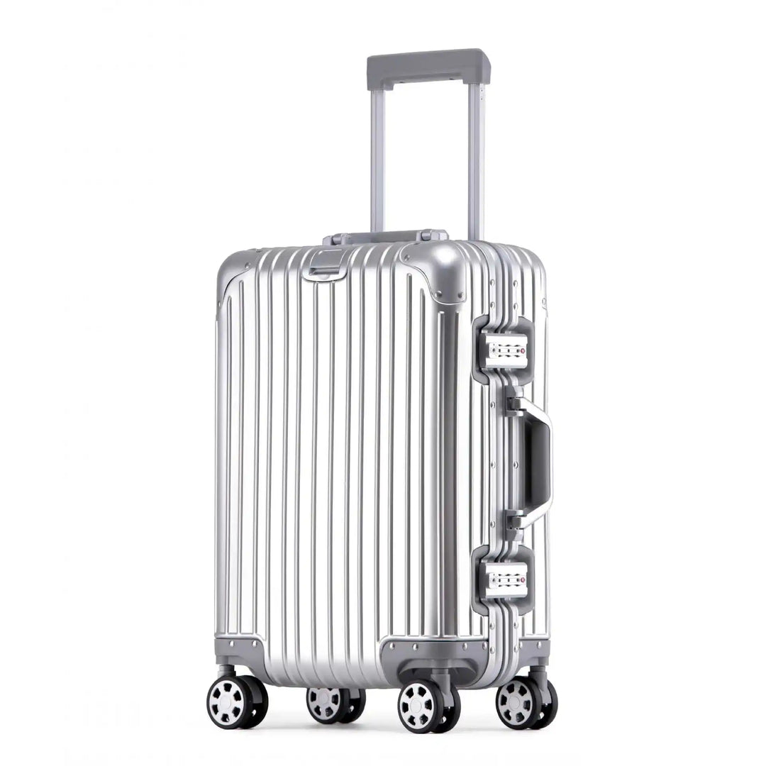 Robuster Aluminium-Trolley Tirana. Perfekt als Aufgabegepäck, mit stabilen 360° Rollen und sicherem TSA-Schloss.