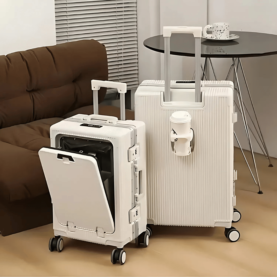 Reisekoffer mit USB-Port, lade dein Handy unterwegs. Robuster Handgepäck-Spinner für effizientes Reisen.