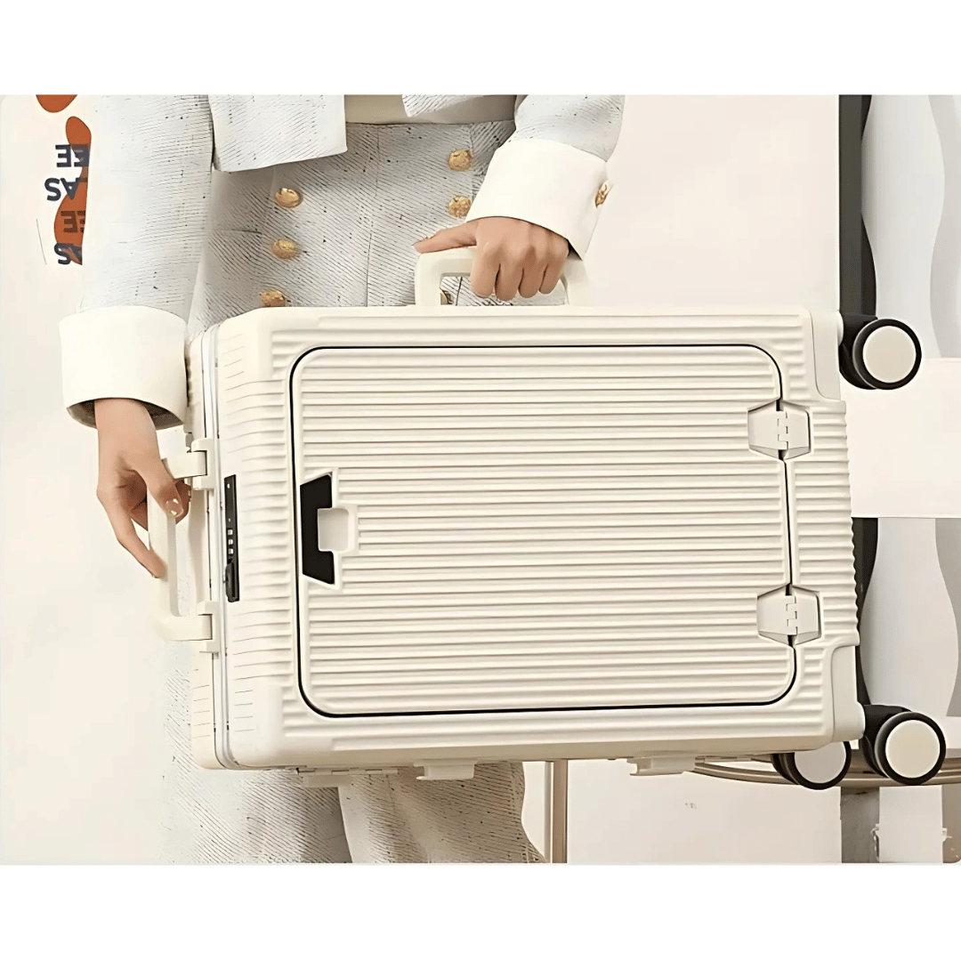 Dunkler Spinner-Handgepäckkoffer mit 360°-Rollen, Laptopfach & Powerbank-Anschluss. Ideal für Flugreisen.