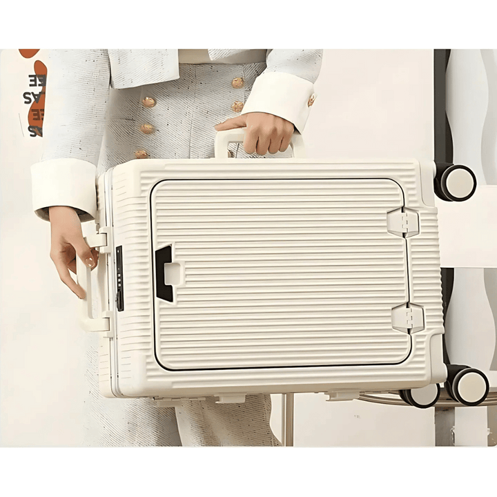 Dunkler Spinner-Handgepäckkoffer mit 360°-Rollen, Laptopfach & Powerbank-Anschluss. Ideal für Flugreisen.
