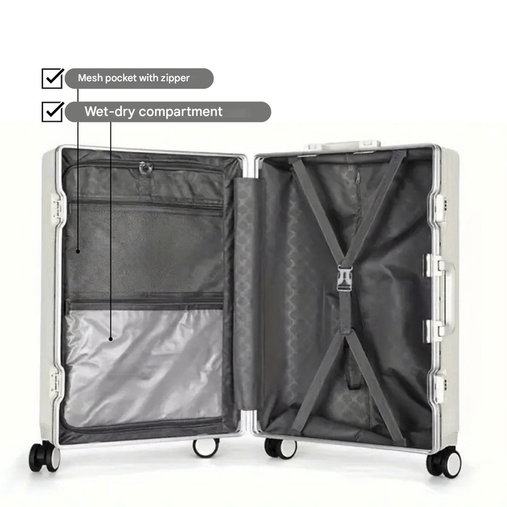 Innenansicht des Handgepäckkoffers: gut organisiertes Laptopfach und Stauraum für Kurztrips.