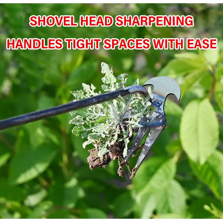 Nahaufnahme des robusten Metall-Unkrautentferners mit ergonomischem Griff, bereit für die Gartenarbeit.
