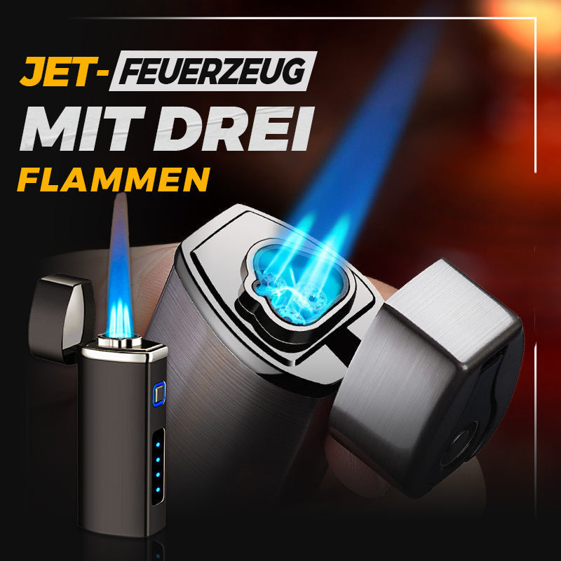 Robustes Jet-Feuerzeug mit starker Dreifachflamme, winddicht & wiederaufladbar. Ideal für Outdoor & BBQ.