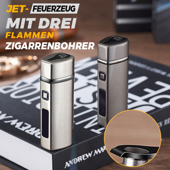 Praktisches Jet-Feuerzeug für Küche & Outdoor. Winddicht, wiederaufladbar und mit präziser Dreifachflamme.