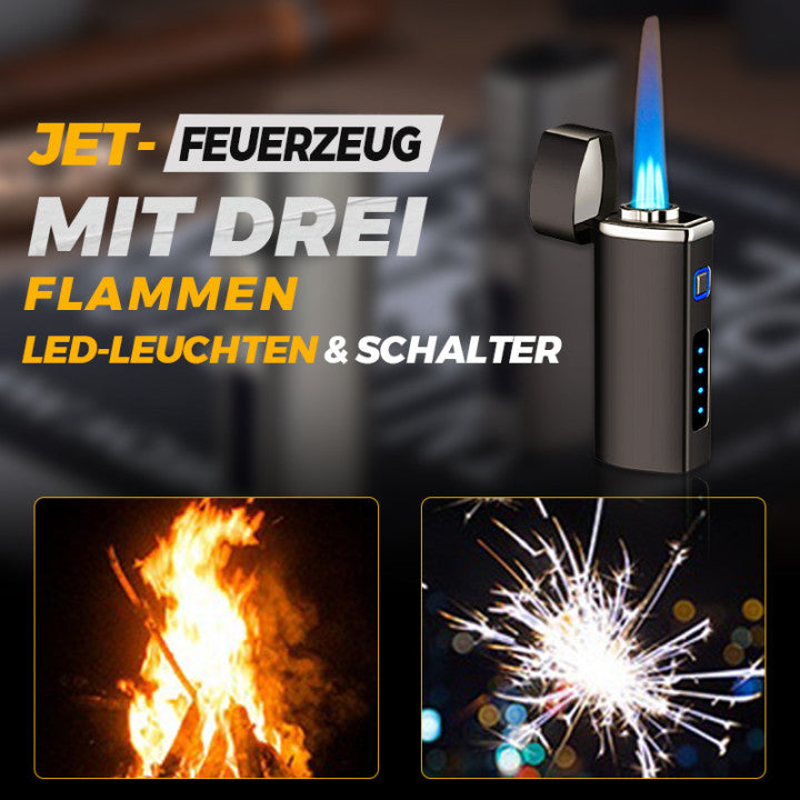 Leistungsstarkes Jet-Feuerzeug mit intensiver Dreifachflamme. Winddicht und zuverlässig für jede Herausforderung.
