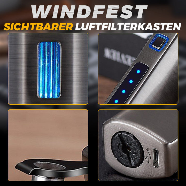 Wiederaufladbares, robustes Metallfeuerzeug. Winddichtes Design mit starker Dreifachflamme für den täglichen Gebrauch.