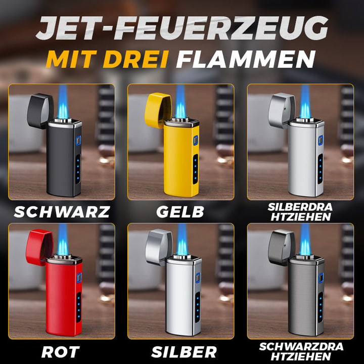 Zuverlässiges Jet-Feuerzeug für BBQ & Küche. Winddichte Dreifachflamme, wiederaufladbar und aus robustem Metall gefertigt.