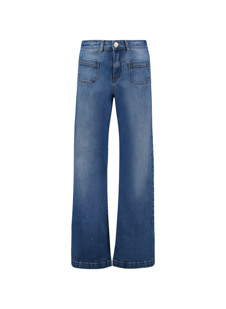 Damen Jeans mit hohem Bund und weitem Bein aus Stretch-Denim für lässigen Komfort und moderne Mode.