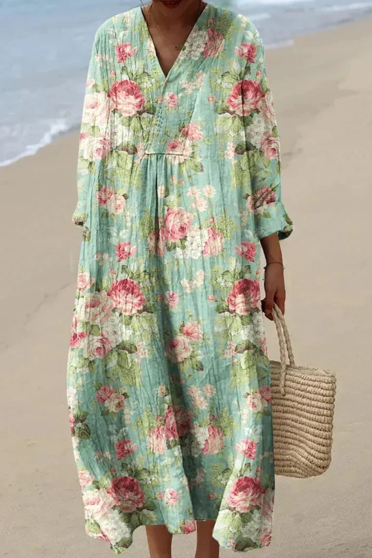 Vielseitiges Damen Sommerkleid Vera mit bequemem V-Ausschnitt, Langarm und modischem Blumendruck. Ideales Freizeit-Midikleid.