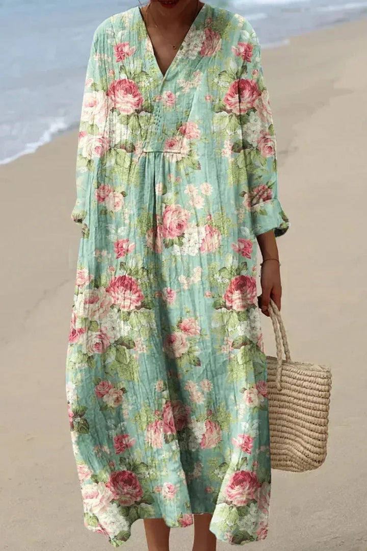 Vielseitiges Damen Sommerkleid Vera mit bequemem V-Ausschnitt, Langarm und modischem Blumendruck. Ideales Freizeit-Midikleid.