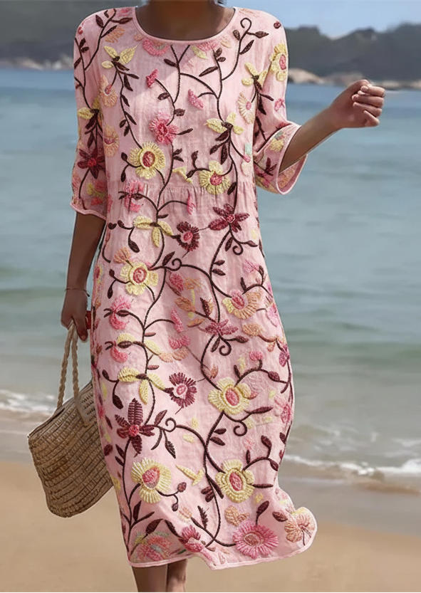 Rosa Damen Blumenkleid mit Blumenmuster, sommerliches Minikleid, kurzärmlig für Casual & Eleganz.