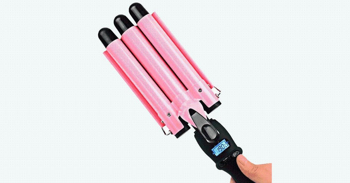 Rosa Damen Lockenstab mit LCD für mühelose Beach Waves und definierte Locken. Professionelles Haarstyling-Gerät.