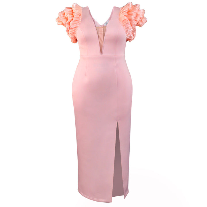 Damen Sommer Maxikleid mit eleganten Rüschenschultern & seitlichem Schlitz. Ideal für besondere Anlässe.