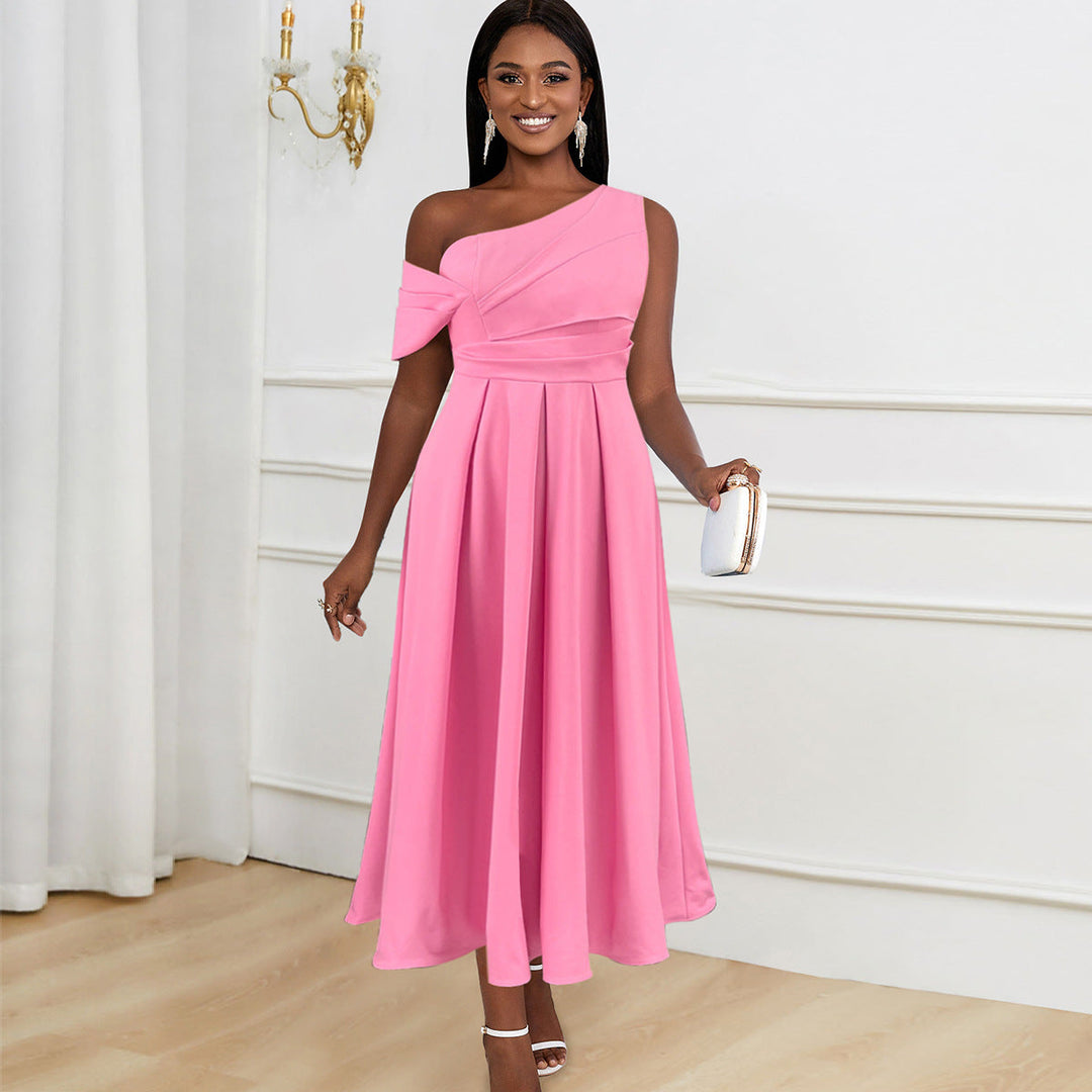 Rosa elegantes One-Shoulder Abendkleid für Damen mit stilvollen Drapierungen, ideal für festliche Anlässe.