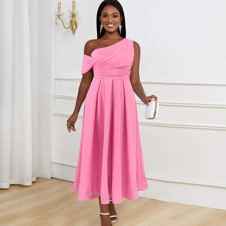 Rosa elegantes One-Shoulder Abendkleid für Damen mit stilvollen Drapierungen, ideal für festliche Anlässe.