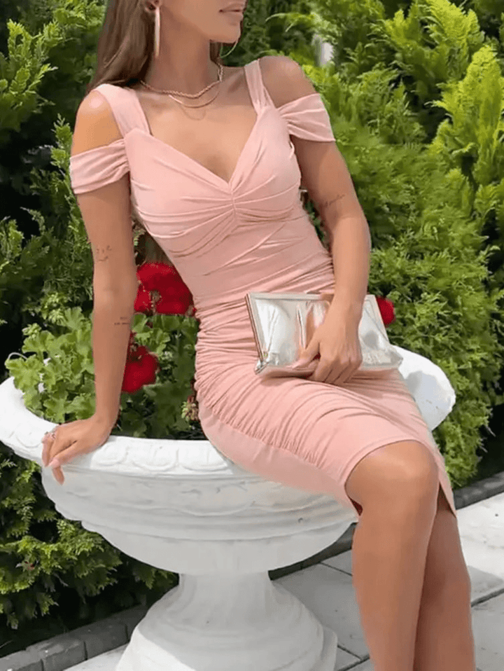 Rosa elegantes Retelle Midi-Bodycon-Kleid für Damen mit V-Ausschnitt, ärmellos. Ideal für Abend & Party.