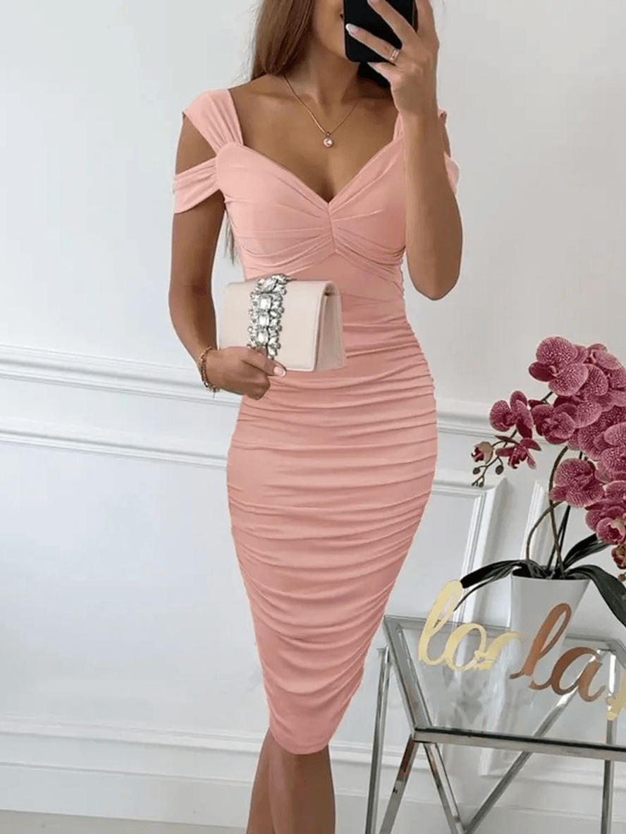 Rückenfreies, festliches Retelle Midi-Bodycon-Kleid für Damen in Rosa mit V-Ausschnitt. Perfekt für Hochzeitsgäste.