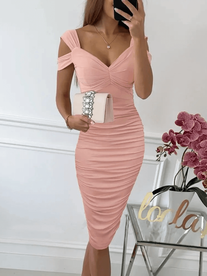 Rückenfreies, festliches Retelle Midi-Bodycon-Kleid für Damen in Rosa mit V-Ausschnitt. Perfekt für Hochzeitsgäste.