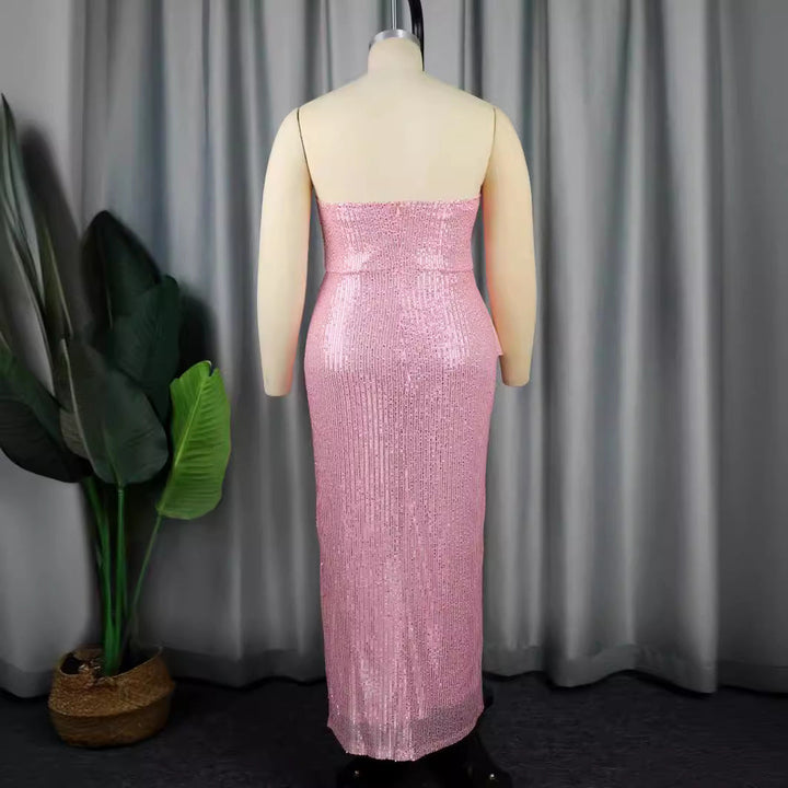 Festliches Damen Abendkleid in Rosa, asymmetrisch geschnitten mit auffälliger Schulterschleife, für Hochzeiten & Gala.