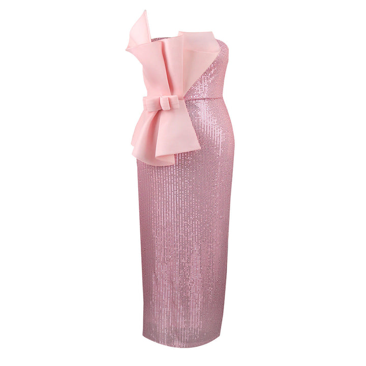 Stylisches rosa Glitzer-Abendkleid für Damen, asymmetrisch mit glamouröser Schleife, perfekt für besondere Anlässe.