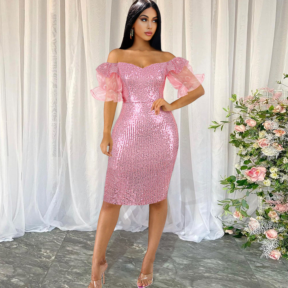 Rosa glitzerndes Cocktailkleid für Damen, schulterfrei mit eleganten Puffärmeln. Perfekt für festliche Anlässe.