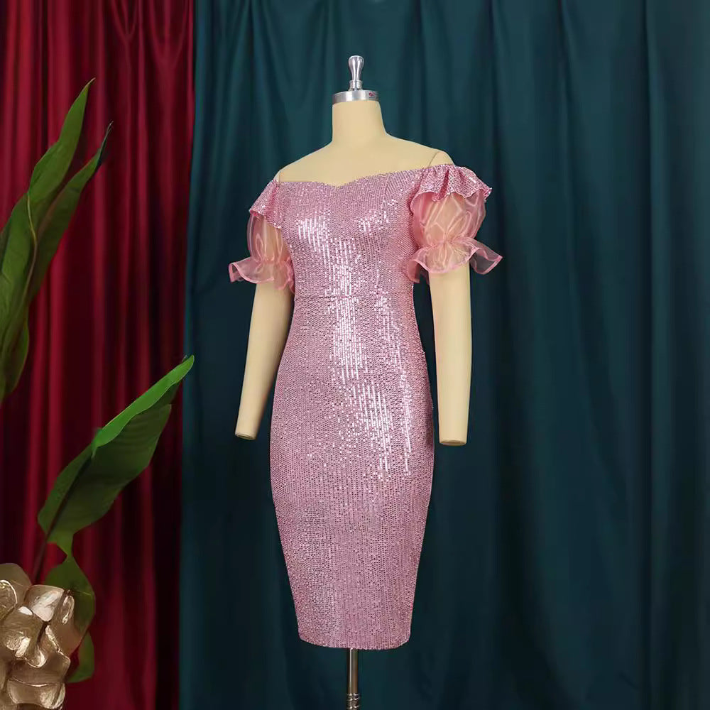 Elegantes Damen Partykleid in Rosa, glitzernd, schulterfrei, mit modernen Puffärmeln. Ideal für Abendveranstaltungen.