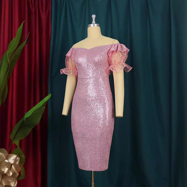 Elegantes Damen Partykleid in Rosa, glitzernd, schulterfrei, mit modernen Puffärmeln. Ideal für Abendveranstaltungen.