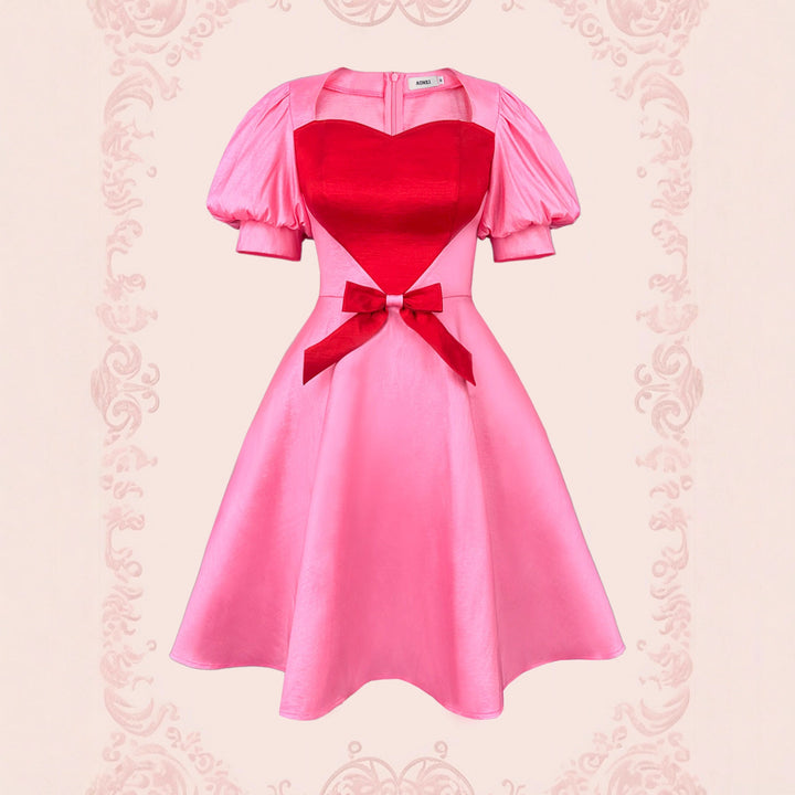 Elegantes festliches Damenkleid, tailliert, mit Herz-Ausschnitt und Puffärmeln, perfekt für Hochzeitsgäste.