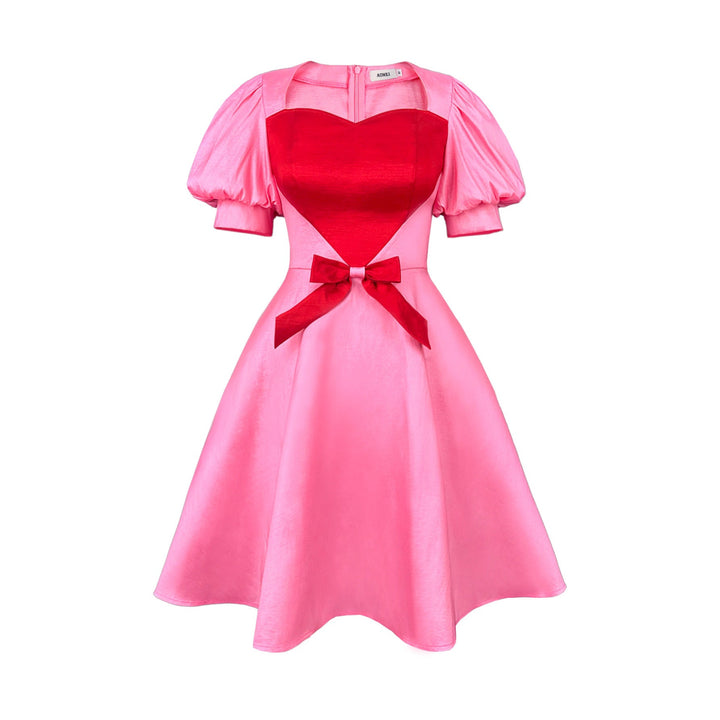 Rosafarbenes elegantes Partykleid für Damen, mit Herz-Ausschnitt und Puffärmeln, perfekt für besondere Anlässe.