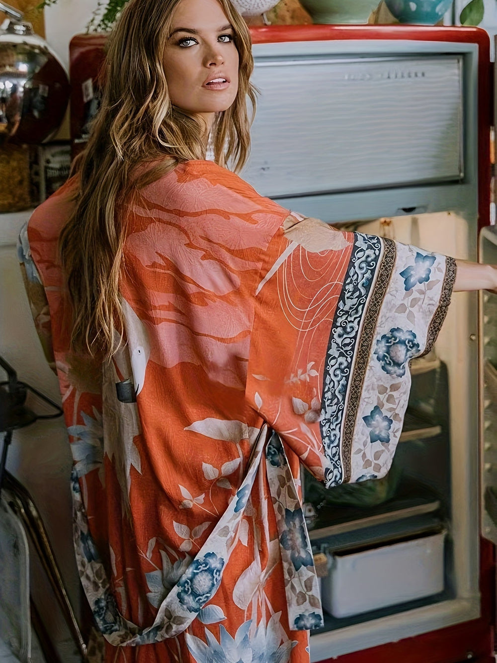 Leichter Damen Kimono "Isabella" mit rotem Blumenprint, ideal als eleganter Überwurf für Strand und Sommerurlaub.