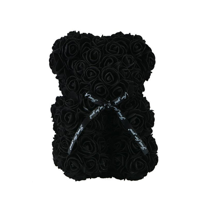 Farbenprächtiger Rosenbär aus roten Kunstrosen; handgemachtes Geschenk für Valentinstag oder Freundin.
