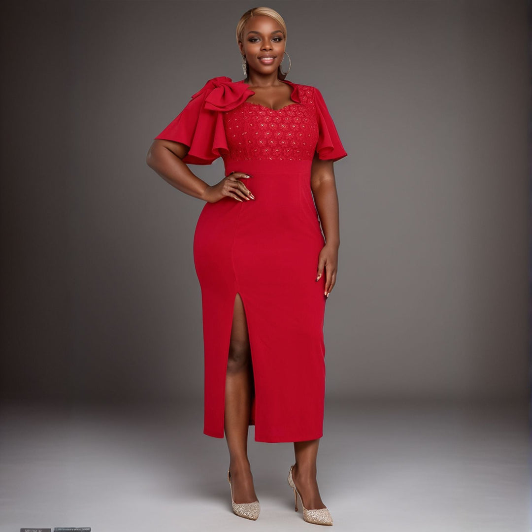 Rotes Damen Abendkleid mit elegantem Blumenmuster & schmeichelnden Rüschen für besondere Anlässe.