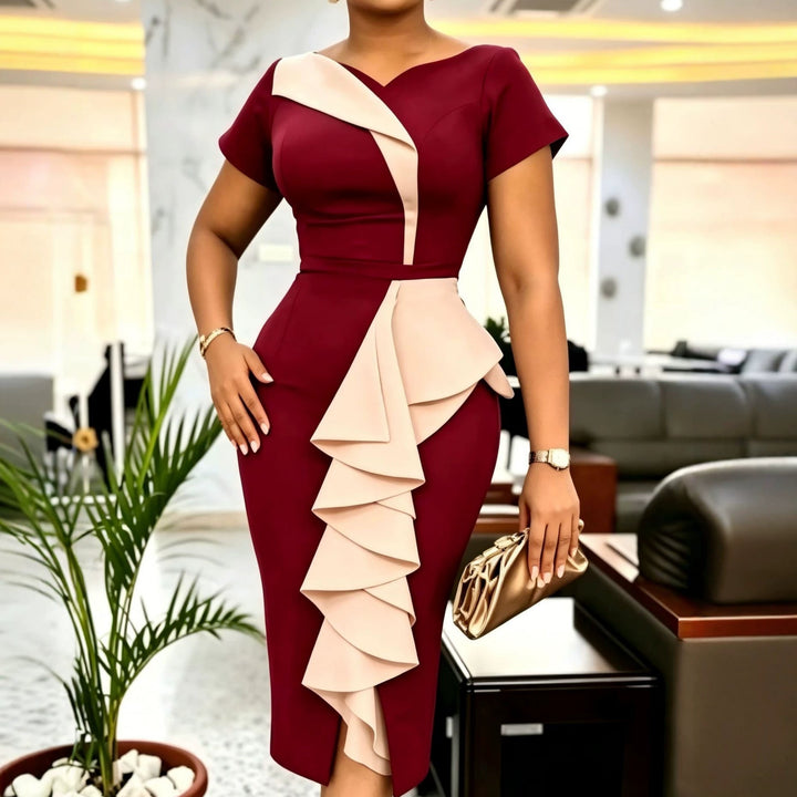 Rotes, elegantes Damen Cocktailkleid mit asymmetrischen Rüschen, ideal für festliche Anlässe und Partys.
