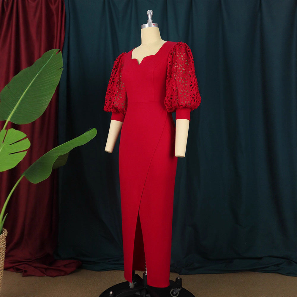 Festliches langes Abendkleid für Damen mit Langarm und eleganten Puffärmeln, ideal für besondere Anlässe.