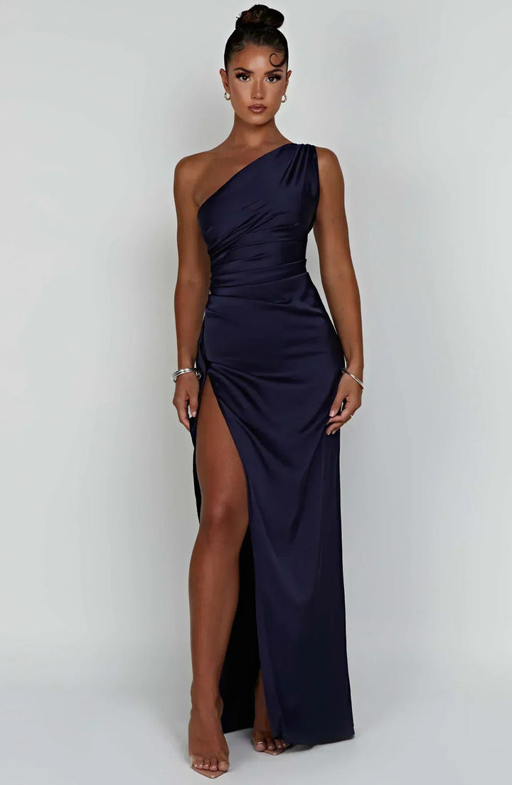 Navy blaues One-Shoulder-Abendkleid, eleganter Beinschlitz, für stilvolle Anlässe.